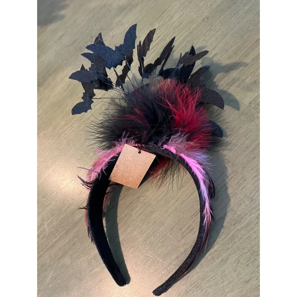 Black Bat Fascinator Headband With Red & Black Feathers Halloween Costume Access
